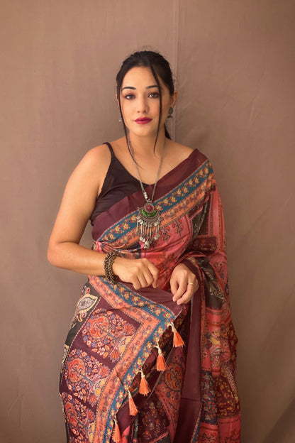 Coral Pink Traditional Kalamkari Digital Printed Soft Cotton Saree