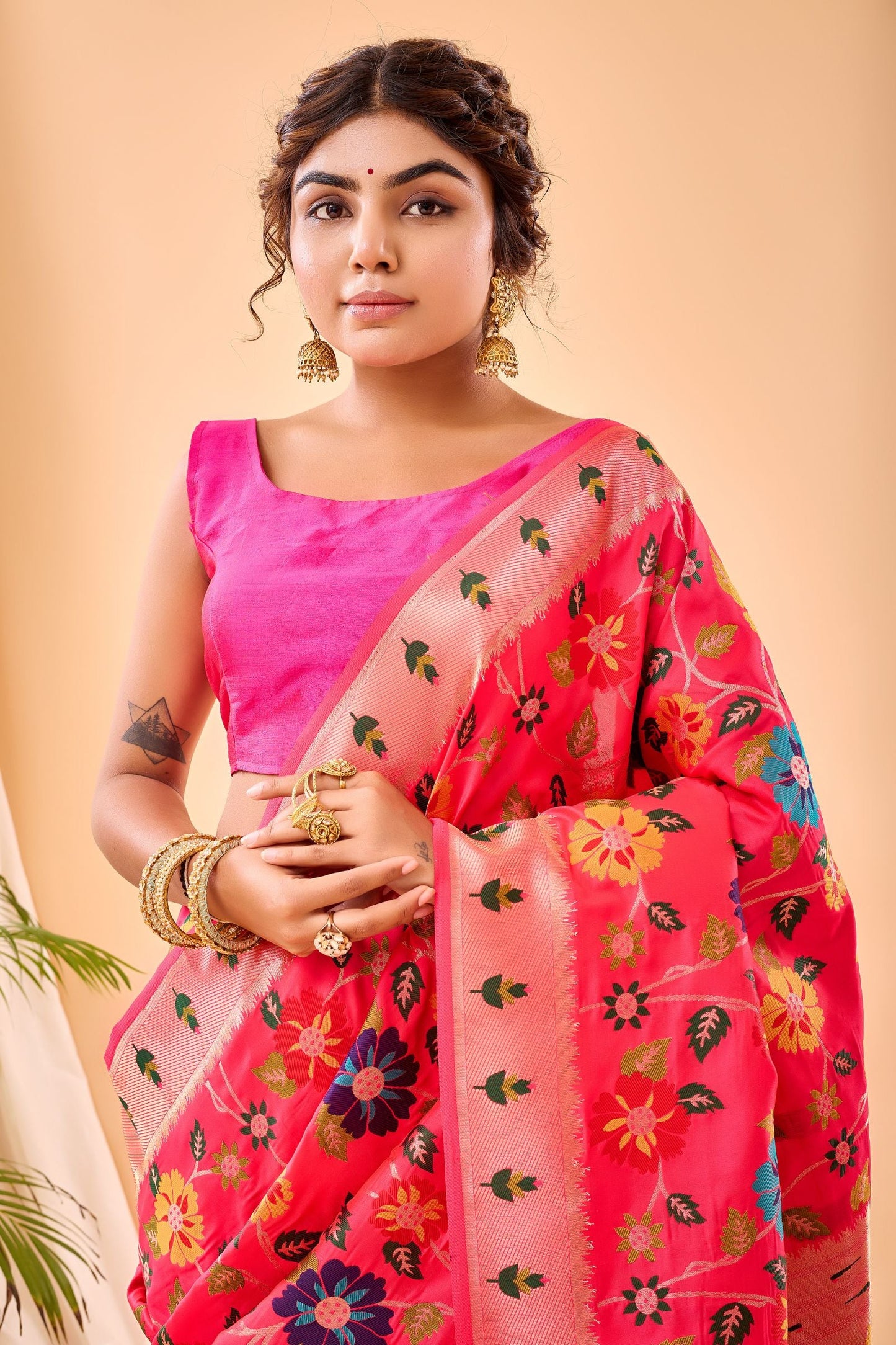 Peachish Pink Paithani Silk Saree with Royal Jaal Work
