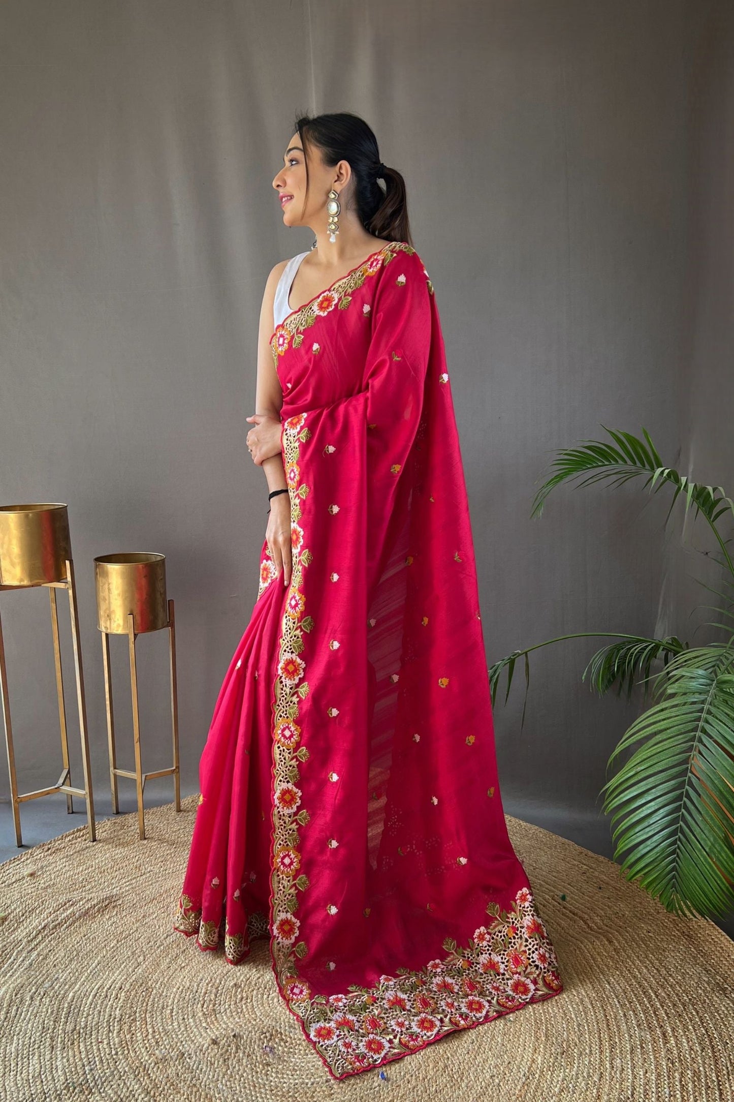 Hot Pink Embroidered Pure Tussar Silk Saree