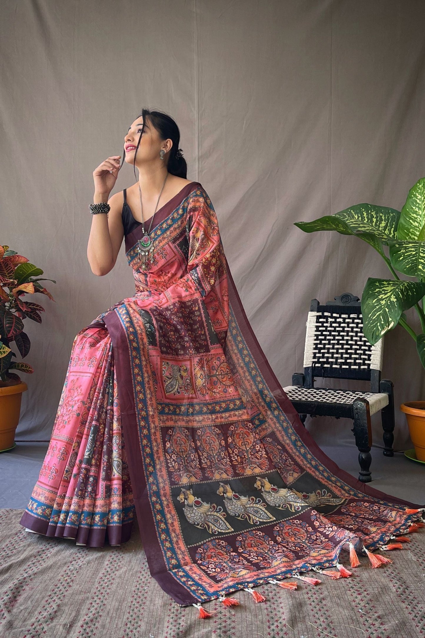 Coral Pink Traditional Kalamkari Digital Printed Soft Cotton Saree