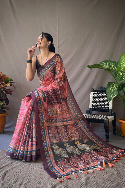 Coral Pink Traditional Kalamkari Digital Printed Soft Cotton Saree