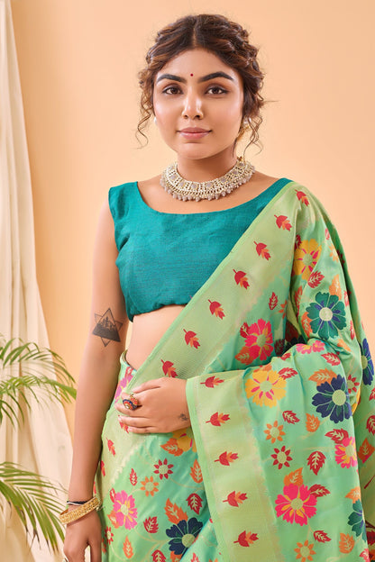 Pista Paithani Silk Saree with Royal Jaal Work