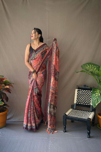 Coral Pink Traditional Kalamkari Digital Printed Soft Cotton Saree