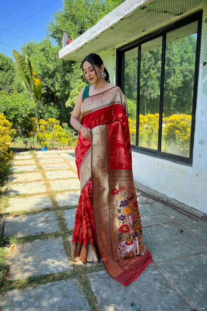 Red Zari Woven Soft Paithani Silk Saree with Traditional Pattern