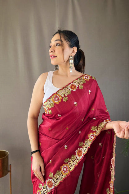 Crimson Red Embroidered Pure Tussar Silk Saree