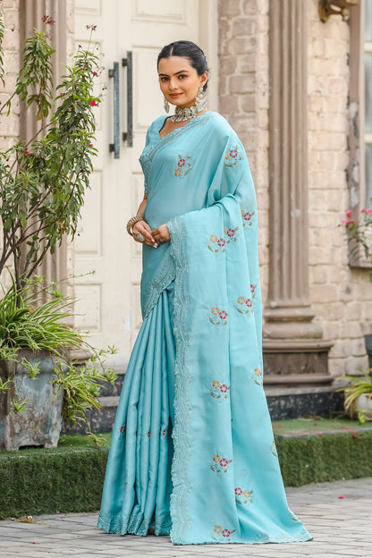 Sky Floral Embroidered Tussar Cotton Saree