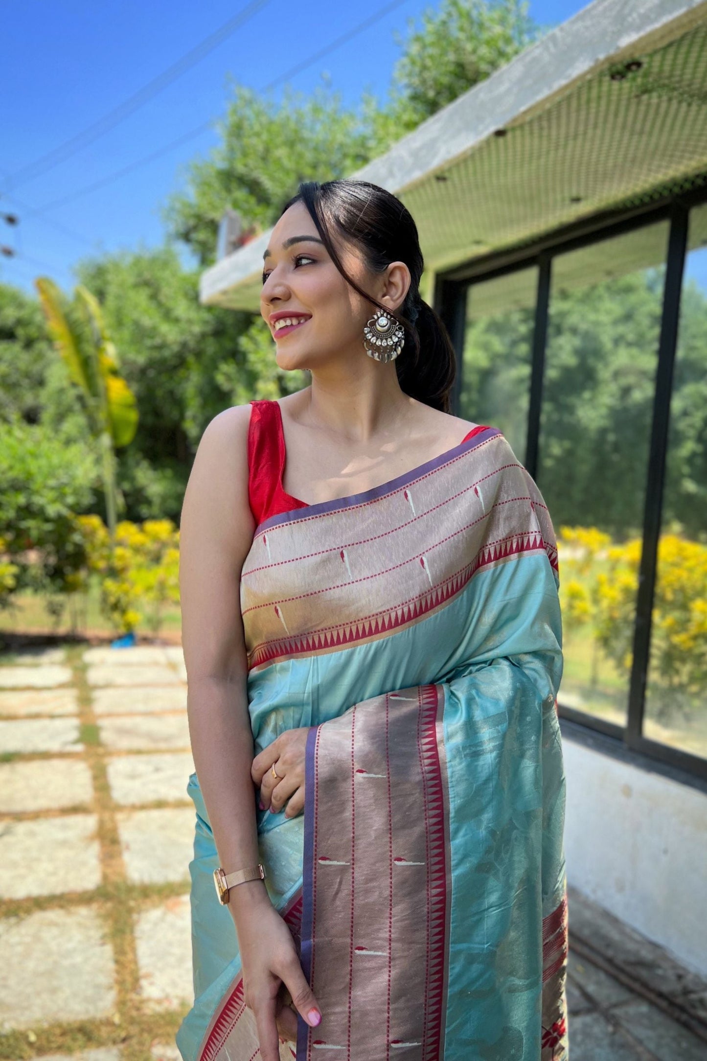 Sky Zari Woven Soft Paithani Silk Saree with Traditional Pattern