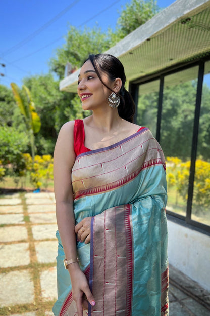 Sky Zari Woven Soft Paithani Silk Saree with Traditional Pattern
