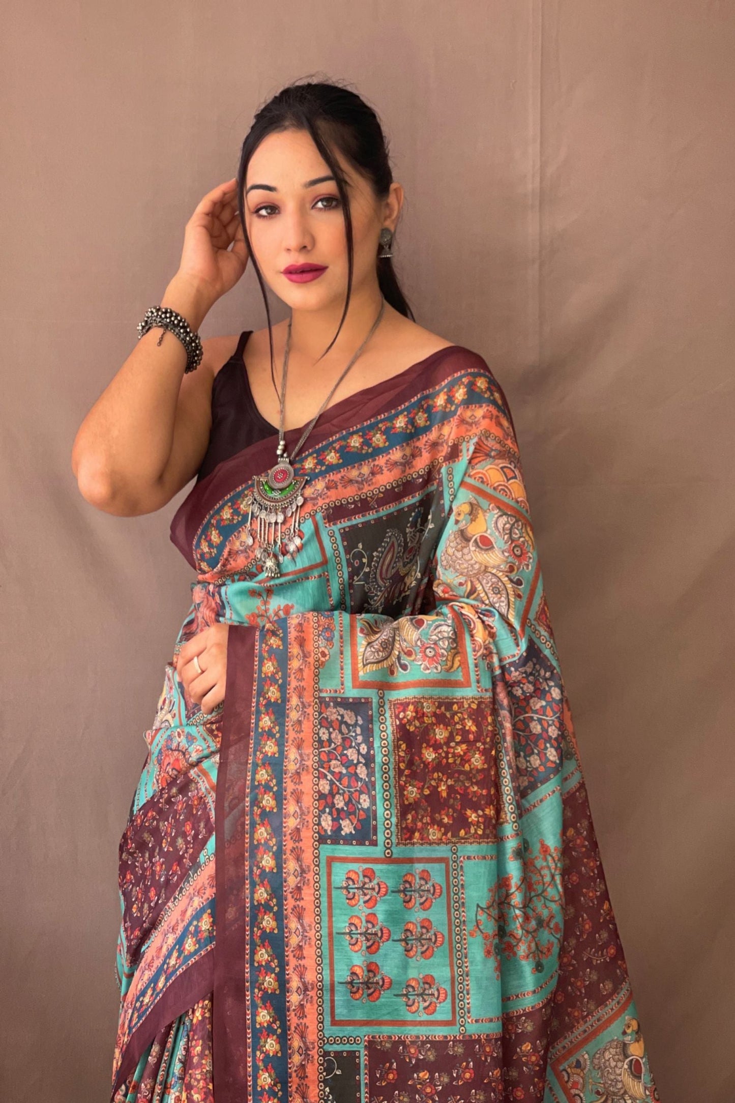 Sky Traditional Kalamkari Digital Printed Soft Cotton Saree