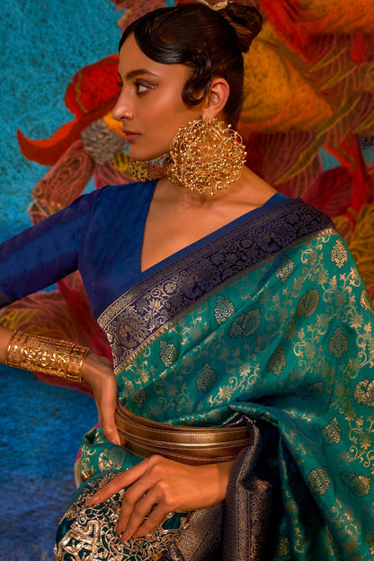 Surfie Green and Blue Kanjivaram Silk Saree
