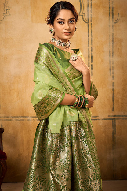 Tan Green Banarasi Tissue Silk Saree