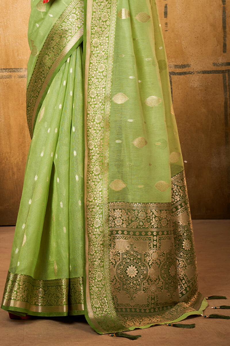 Tan Green Banarasi Tissue Silk Saree