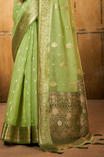 Tan Green Banarasi Tissue Silk Saree