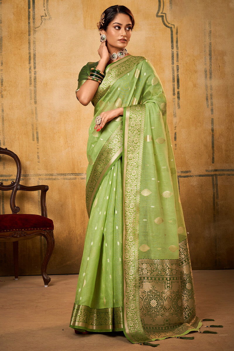 Tan Green Banarasi Tissue Silk Saree