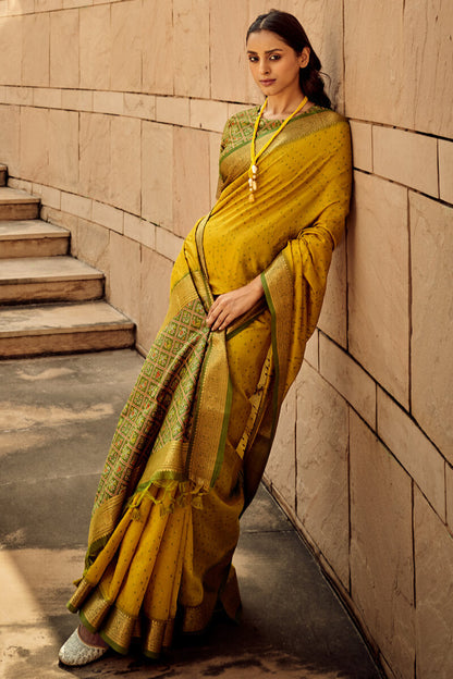 Tangerine Yellow Patola Silk Saree
