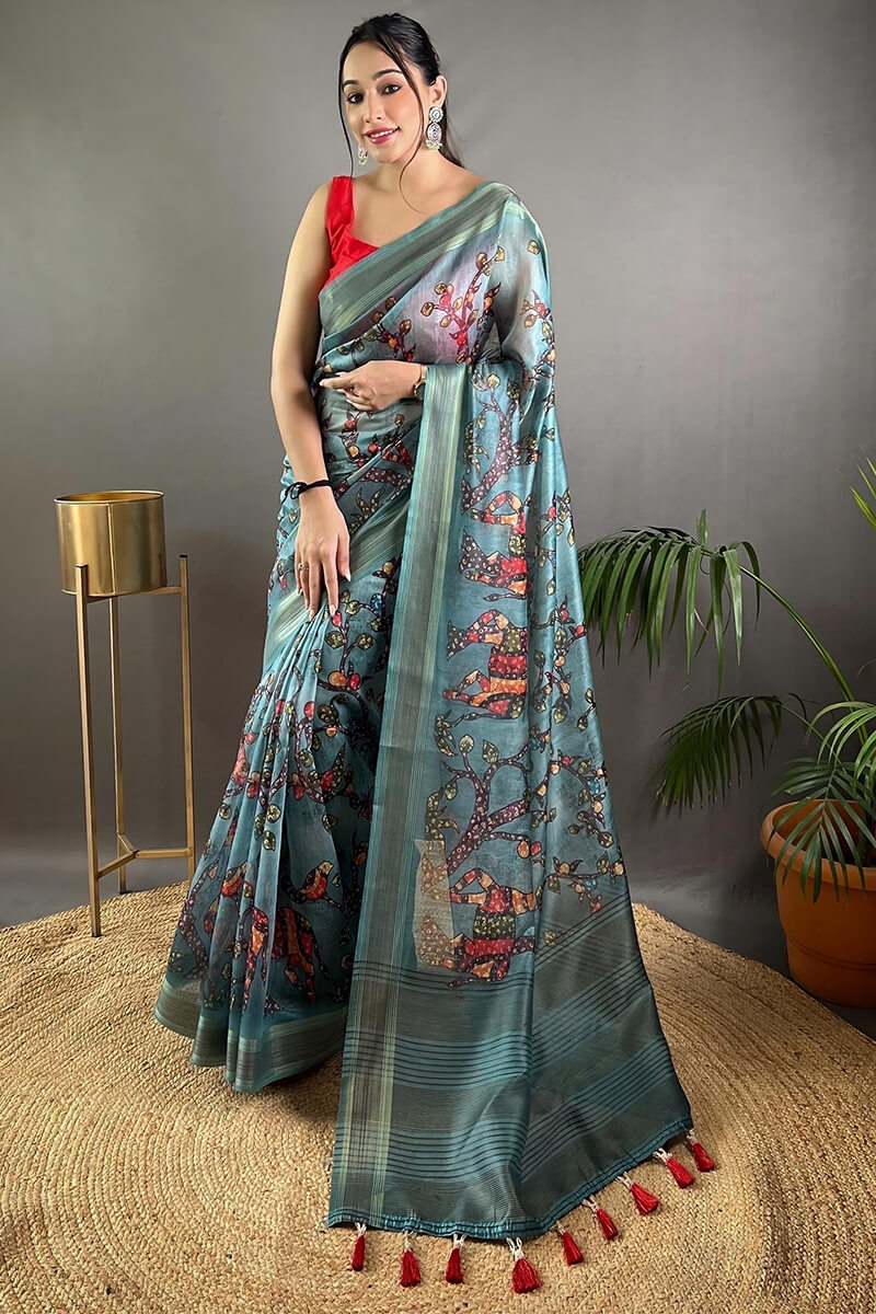 Teal Blue Kalamkari Printed Soft Silk Saree