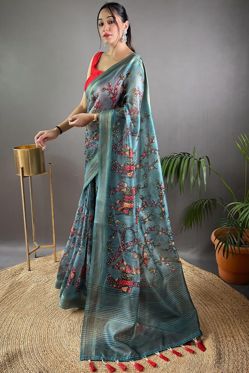 Teal Blue Kalamkari Printed Soft Silk Saree