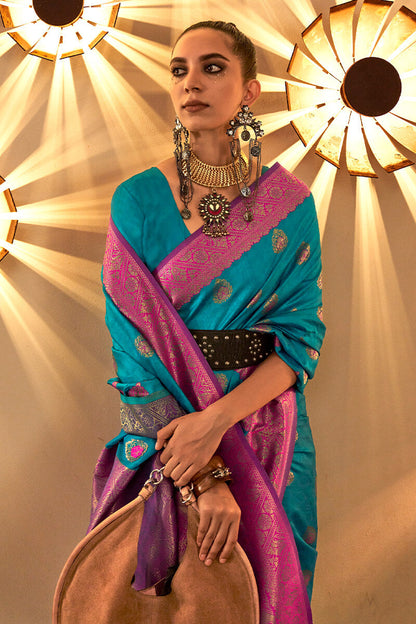 Teal Blue Zari Woven Handloom Silk Saree