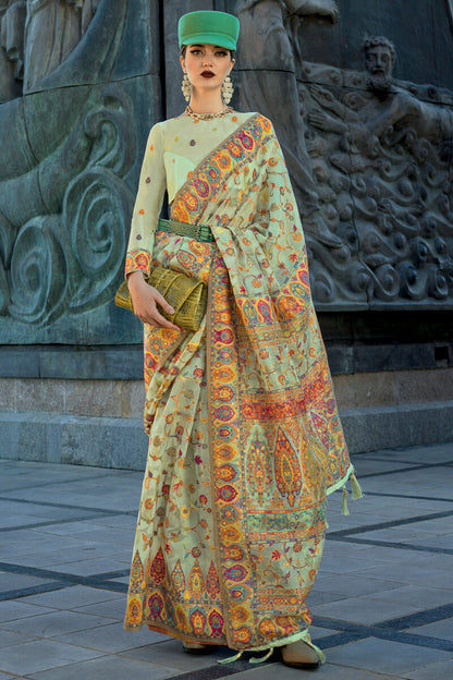 Thistle Green Kashmiri Weaving Organza Silk Saree