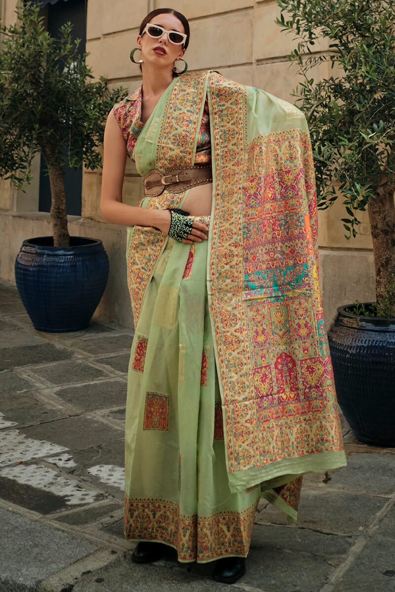Thistle Green Kashmiri Weaving Pashmina Silk Saree