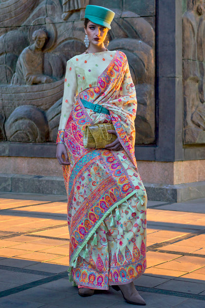 Tiffany Blue Kashmiri Weaving Organza Silk Saree