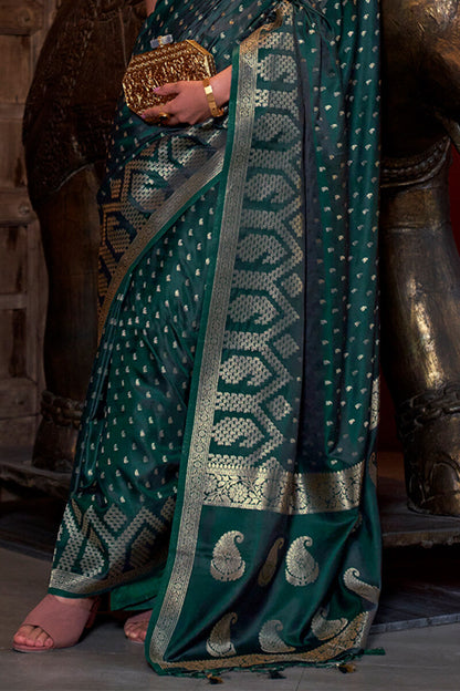 Timber Green Banarasi Satin Silk Saree