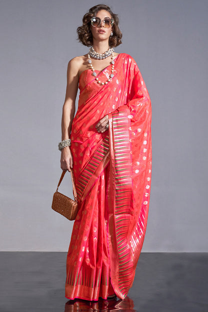 Tomato Red Zari Woven Banarasi Silk Saree