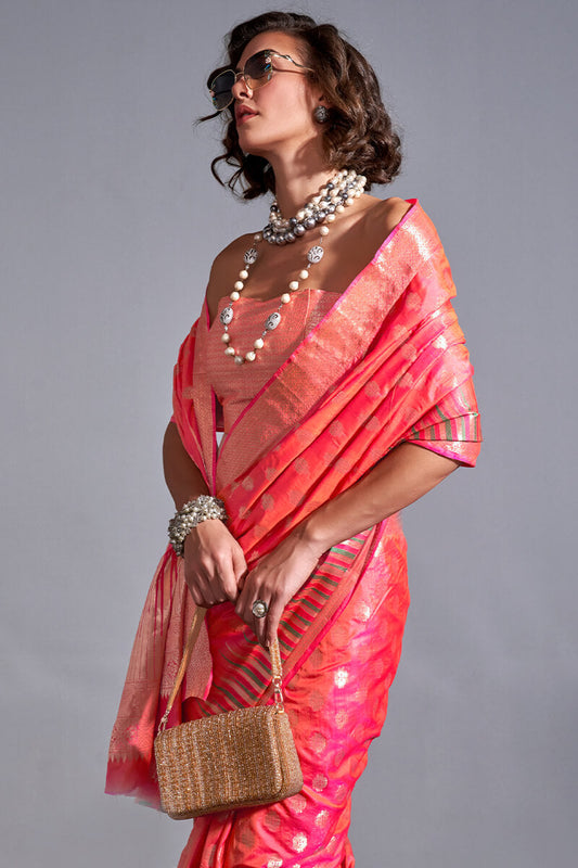 Tomato Red Zari Woven Banarasi Silk Saree