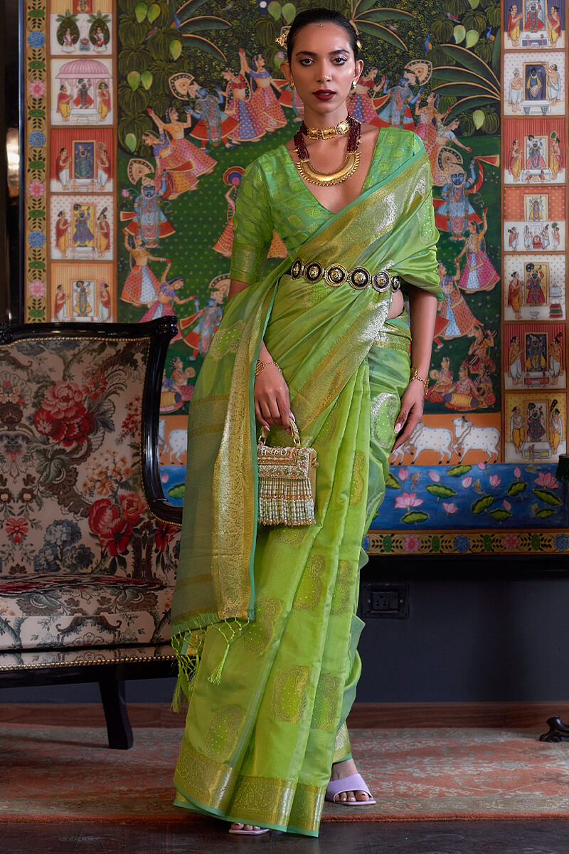 Trendy Green Zari Woven Organza Silk Saree