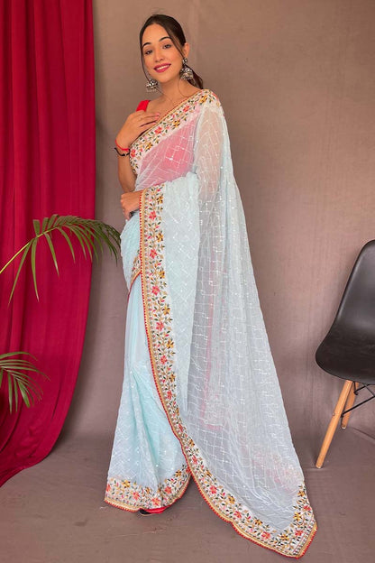 Tropical Blue Embroidered Sequence Work Georgette Saree