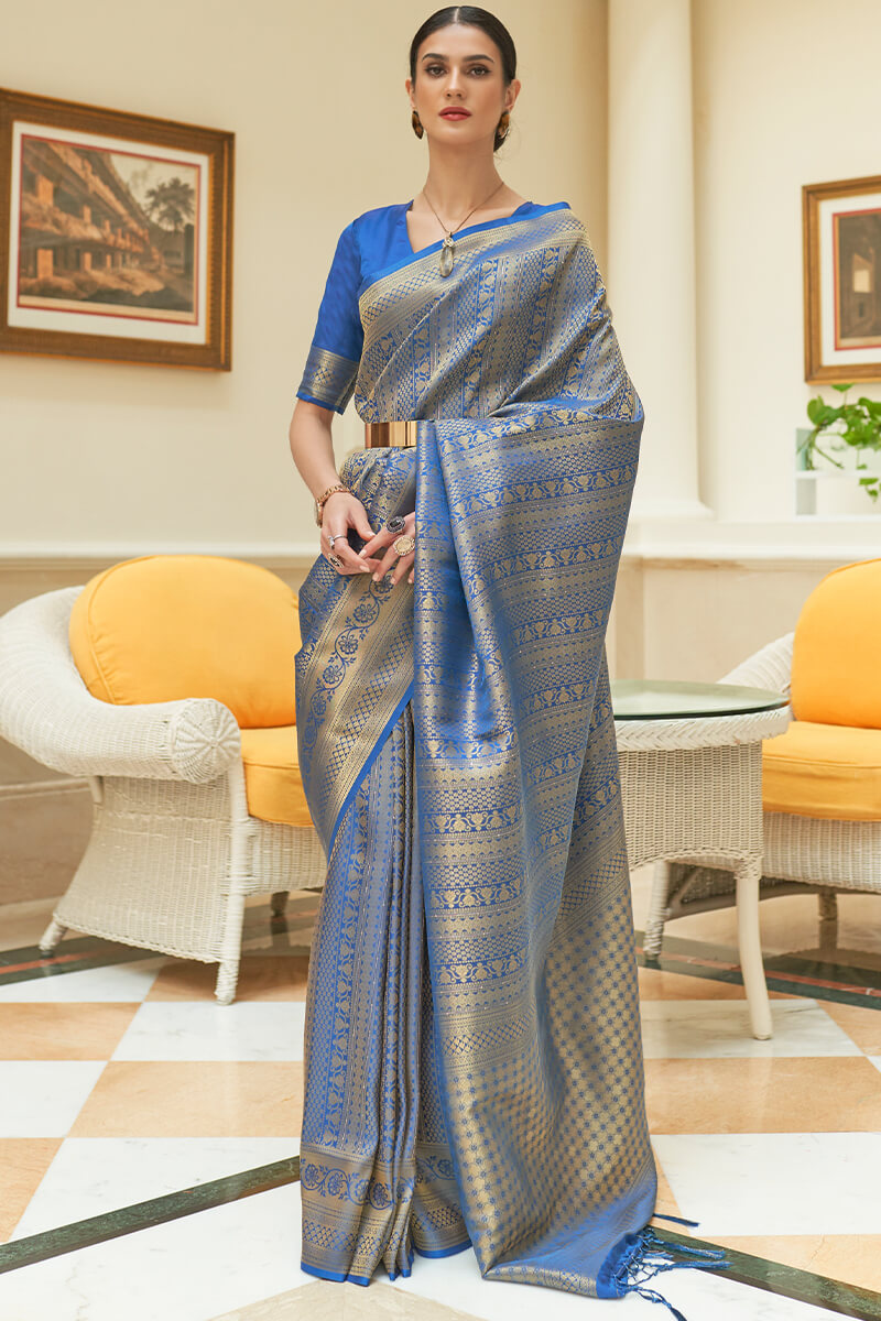 Tufts Blue Zari Woven and Sequence Work Kanjivaram Silk Saree