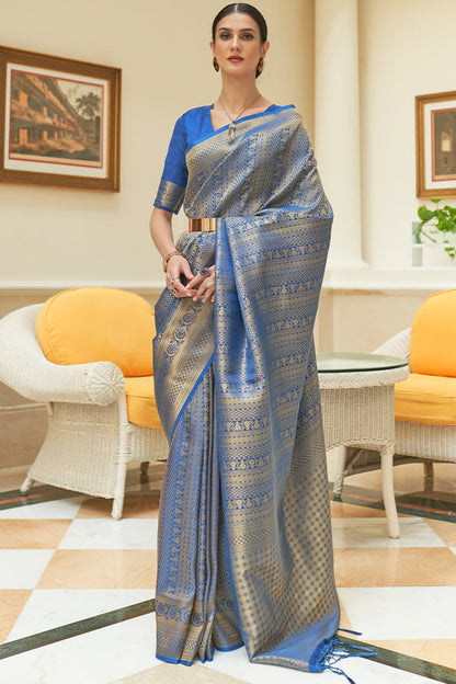 Tufts Blue Zari Woven and Sequence Work Kanjivaram Silk Saree