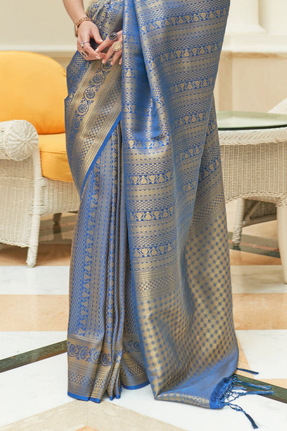 Tufts Blue Zari Woven and Sequence Work Kanjivaram Silk Saree