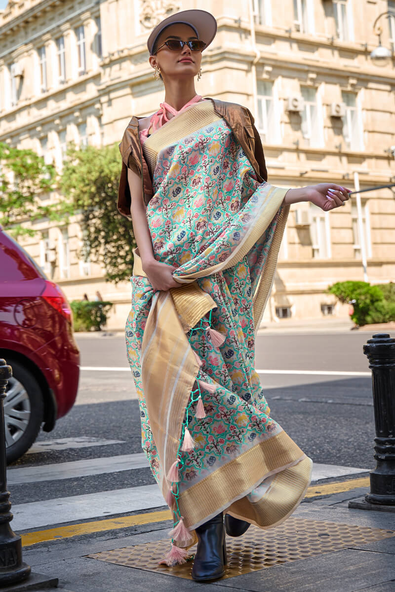 Turquoise Blue Organza Printed Satin Silk Saree