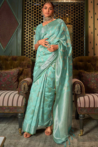 Turquoise Green Banarasi Silk Saree