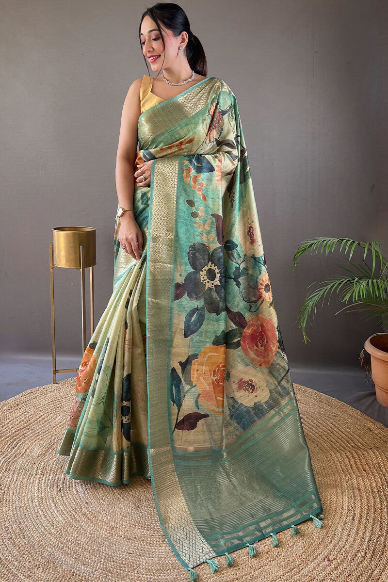 Turquoise Green Zari Woven Printed Tussar Silk Saree