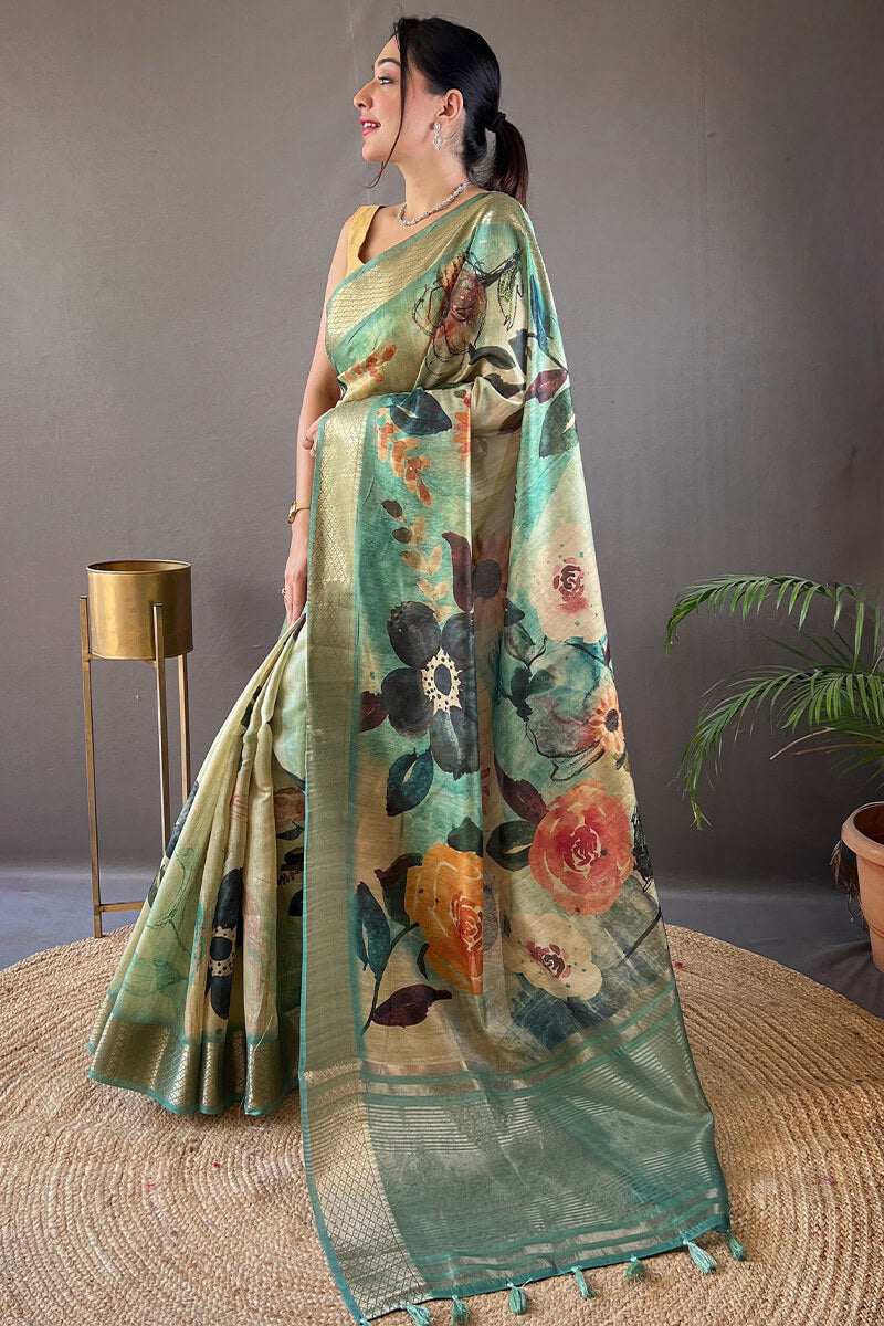 Turquoise Green Zari Woven Printed Tussar Silk Saree