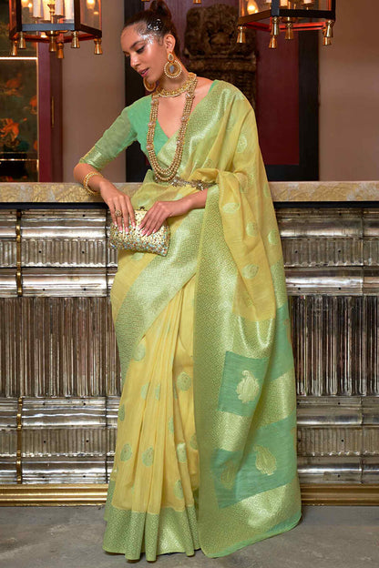 Yellow and Green Linen Silk Saree