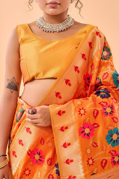 Chrome Yellow Paithani Silk Saree with Royal Jaal Work