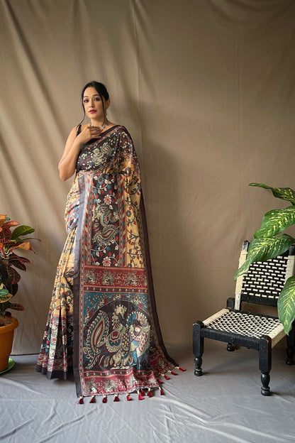 Lemon Yellow Kalamkari Digital Printed Soft Cotton Saree