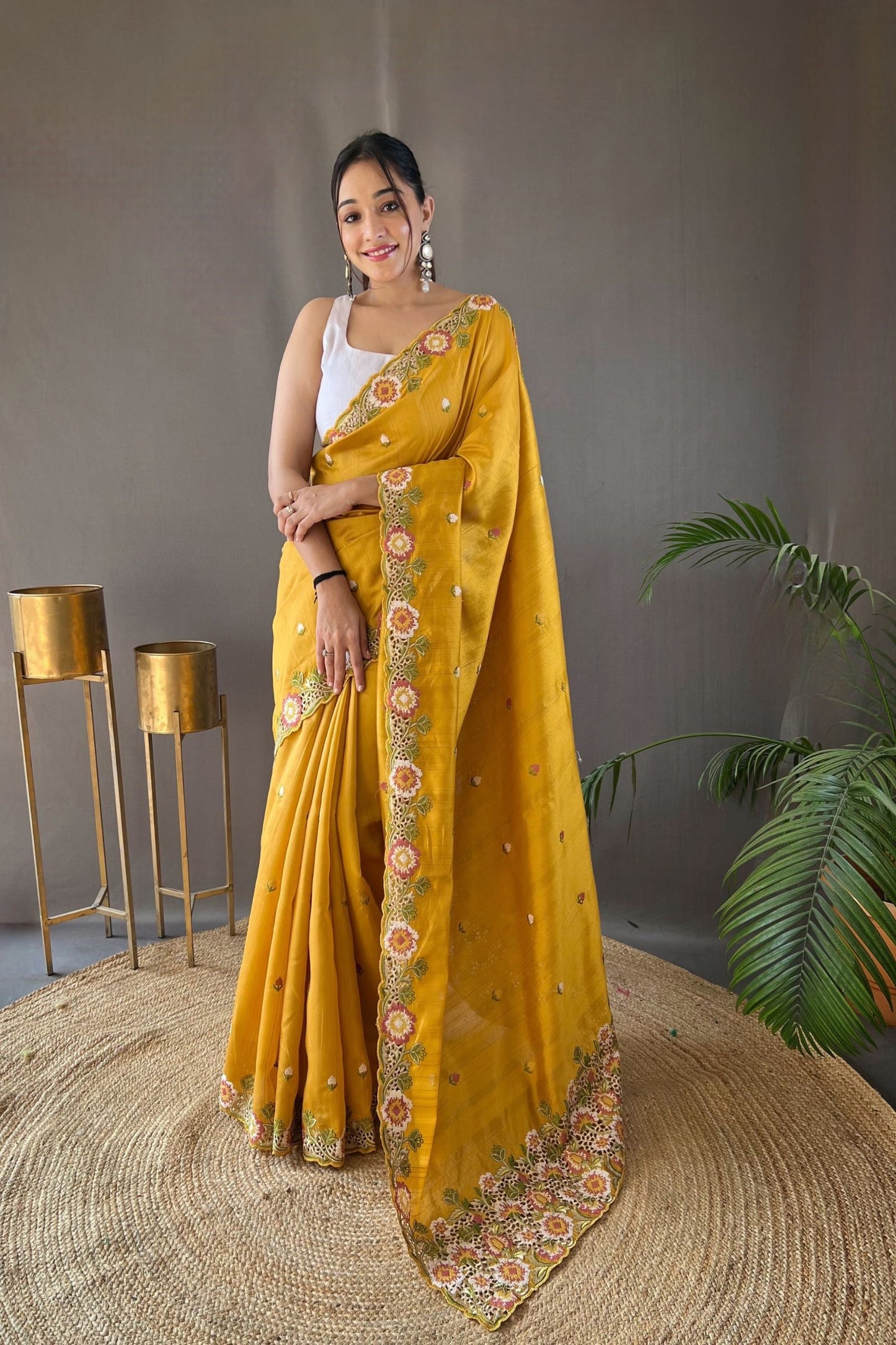 Mustard Yellow Embroidered Pure Tussar Silk Saree